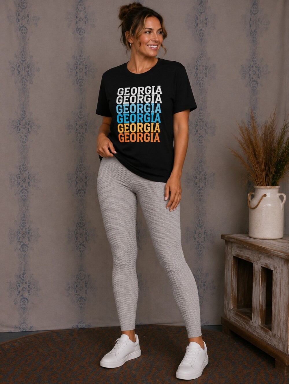 Textured High-Waist Leggings in Light Gray